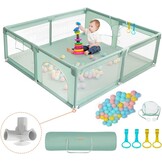 COMOMY Bebek oyun parkı, 150 x 180 x 66 cm bebek oyun parkı, büyük xxl güvenlik oyun alanı, çocuklar için koruyucu ızgara, yumuşak ağlı, kaymaz Oxford taban, toplar, mini sepet ve 4 çekme halkası