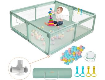 COMOMY Bebek oyun parkı, 150 x 180 x 66 cm bebek oyun parkı, büyük xxl güvenlik oyun alanı, çocuklar için koruyucu ızgara, yumuşak ağlı, kaymaz Oxford taban, toplar, mini sepet ve 4 çekme halkası