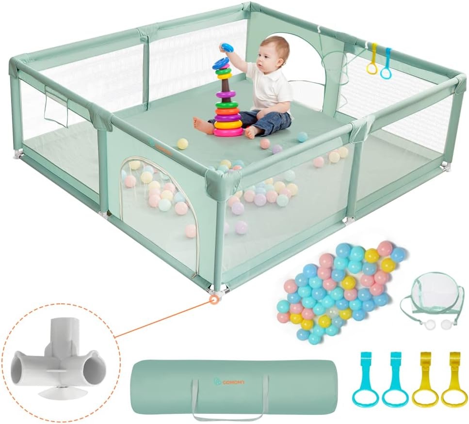 COMOMY Bebek oyun parkı, 150 x 180 x 66 cm bebek oyun parkı, büyük xxl güvenlik oyun alanı, çocuklar için koruyucu ızgara, yumuşak ağlı, kaymaz Oxford taban, toplar, mini sepet ve 4 çekme halkası