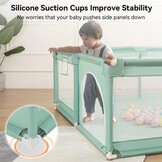 COMOMY Bebek oyun parkı, 150 x 180 x 66 cm bebek oyun parkı, büyük xxl güvenlik oyun alanı, çocuklar için koruyucu ızgara, yumuşak ağlı, kaymaz Oxford taban, toplar, mini sepet ve 4 çekme halkası