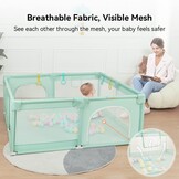 COMOMY Bebek oyun parkı, 150 x 180 x 66 cm bebek oyun parkı, büyük xxl güvenlik oyun alanı, çocuklar için koruyucu ızgara, yumuşak ağlı, kaymaz Oxford taban, toplar, mini sepet ve 4 çekme halkası