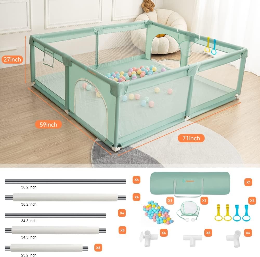 COMOMY Bebek oyun parkı, 150 x 180 x 66 cm bebek oyun parkı, büyük xxl güvenlik oyun alanı, çocuklar için koruyucu ızgara, yumuşak ağlı, kaymaz Oxford taban, toplar, mini sepet ve 4 çekme halkası