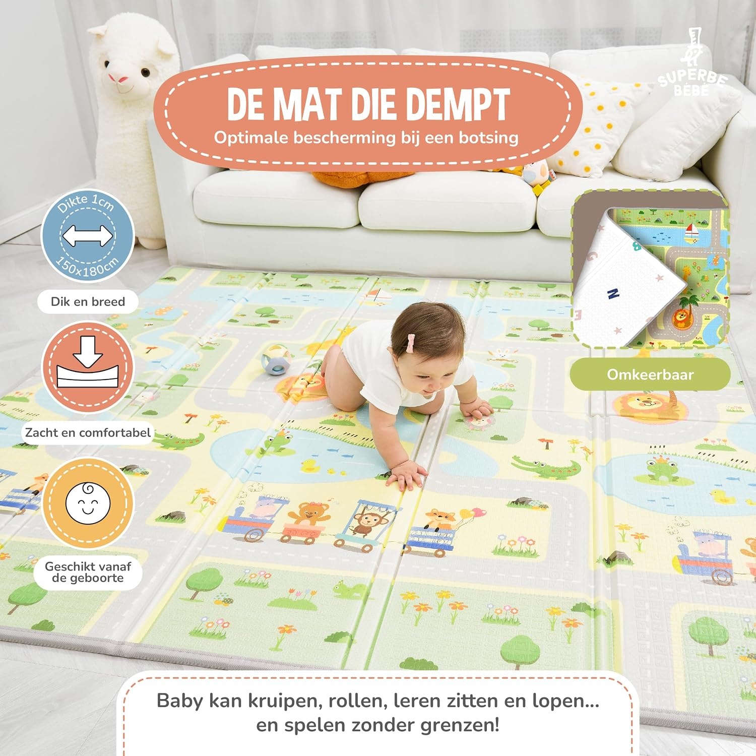 Opvouwbare Baby Speelmat 150x180cm - Waterdicht, Antislip - 33% Korting