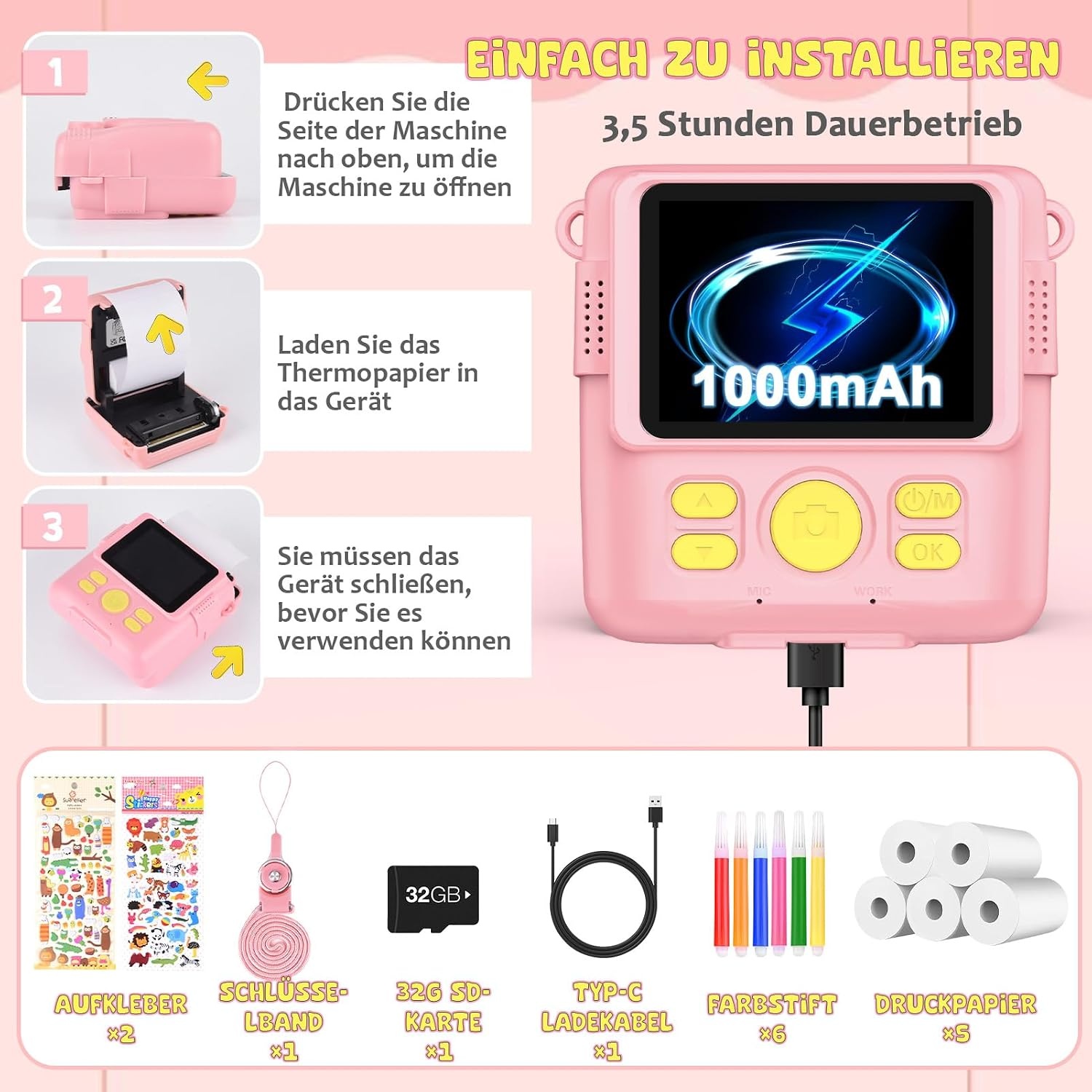 Roze Digitale Kindercamera met Printer & 32GB SD-kaart | 33% Korting