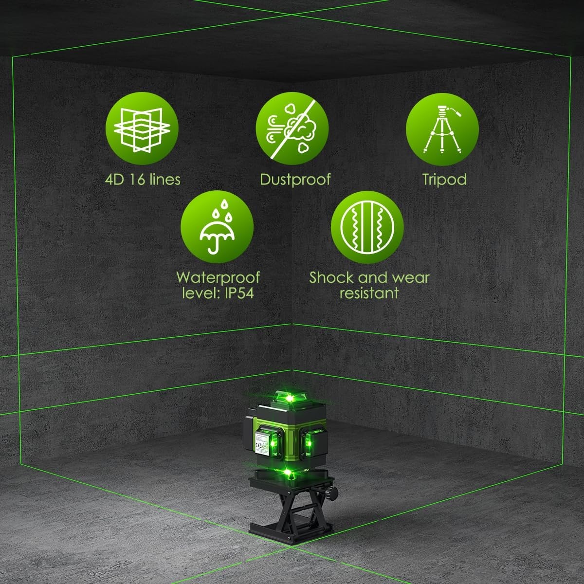 4D 16-Lijn Groene Laser Waterpas met Statief - 29% Korting