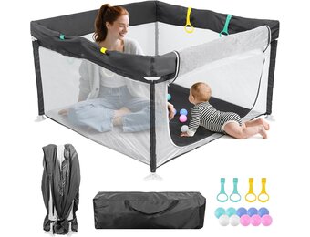 FUNYKICH Opvouwbare babybox met reistas - 120 x 120 x 72 cm, draagbare box voor baby's en peuters met zichtbaar gaas, gevoerd frame, ritsdeur, 10 oceaanballen, 4 handgrepen, donkergrijs
