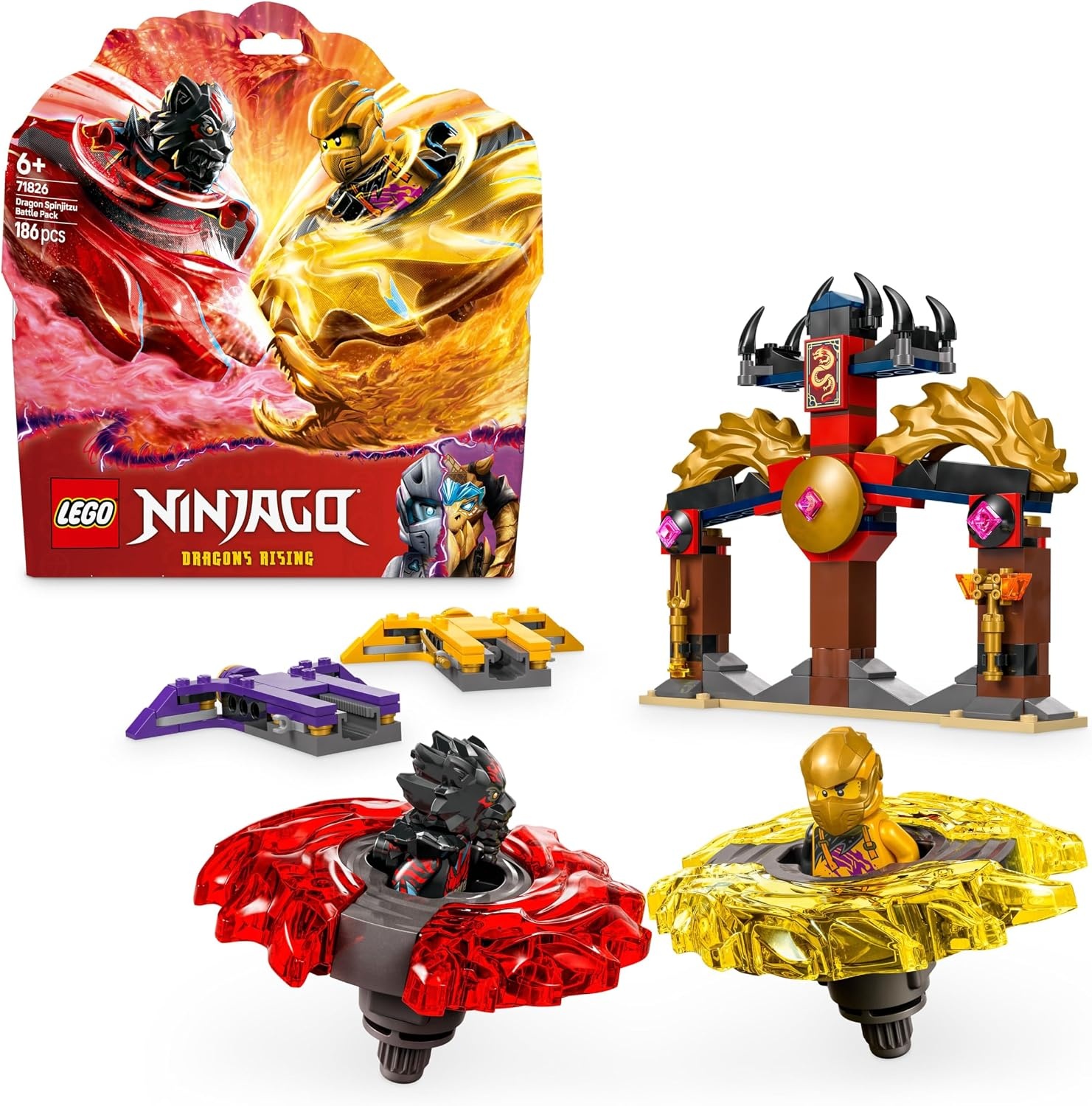 LEGO NINJAGO Spinjitzu drakenstrijdpakket met 2 Minifiguren, Vliegende Elementen en Launchers, Ninja Speelgoed voor 6 jaar en Ouder, Cadeau voor Kinderen en Dragons Rising Fans 71826