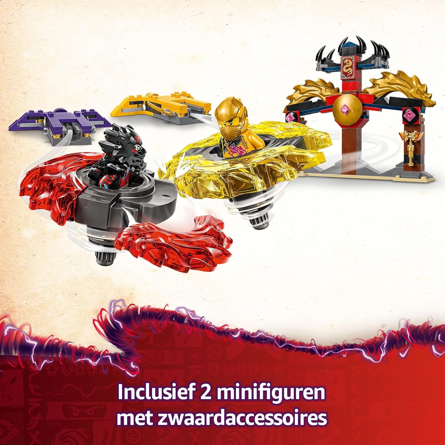 LEGO NINJAGO Spinjitzu drakenstrijdpakket met 2 Minifiguren, Vliegende Elementen en Launchers, Ninja Speelgoed voor 6 jaar en Ouder, Cadeau voor Kinderen en Dragons Rising Fans 71826