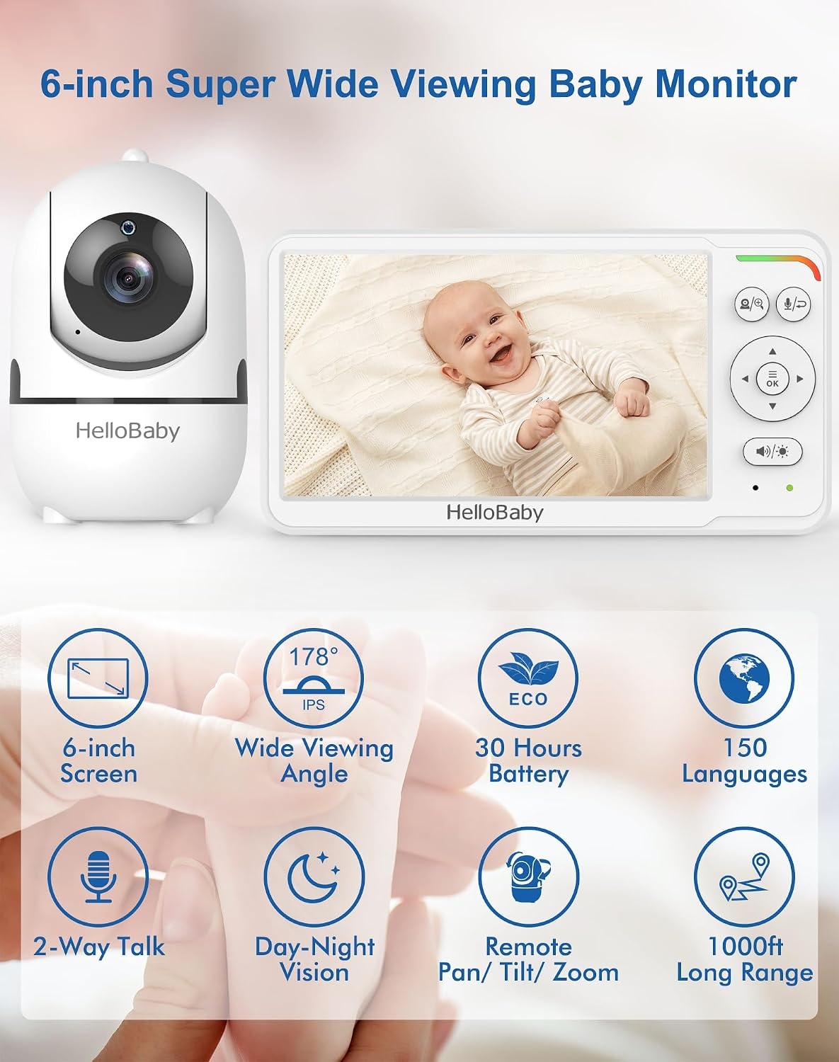 HelloBaby Babyfoon 15,2 cm (6") Wereldprime IPS-scherm 30 uur batterij, veilig geen WiFi, pan-tilt videocamera met nachtzicht, VOX, 2-weg communicatie, 305 meter, draagbare video audio monitor ideaal