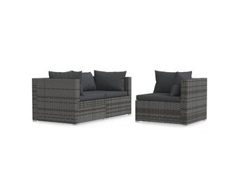vidaXL 3-delige Loungeset met kussens poly rattan grijs