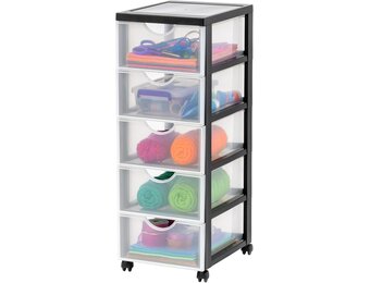 Iris Ohyama, Toren, Ladekast, Kunststof opbergorganizer met ergonomisch handvat, 5L, 5 laden, met wielen, BPA-vrij, Kantoor, Slaapkamer, Woonkamer, DDDC-005, zwart