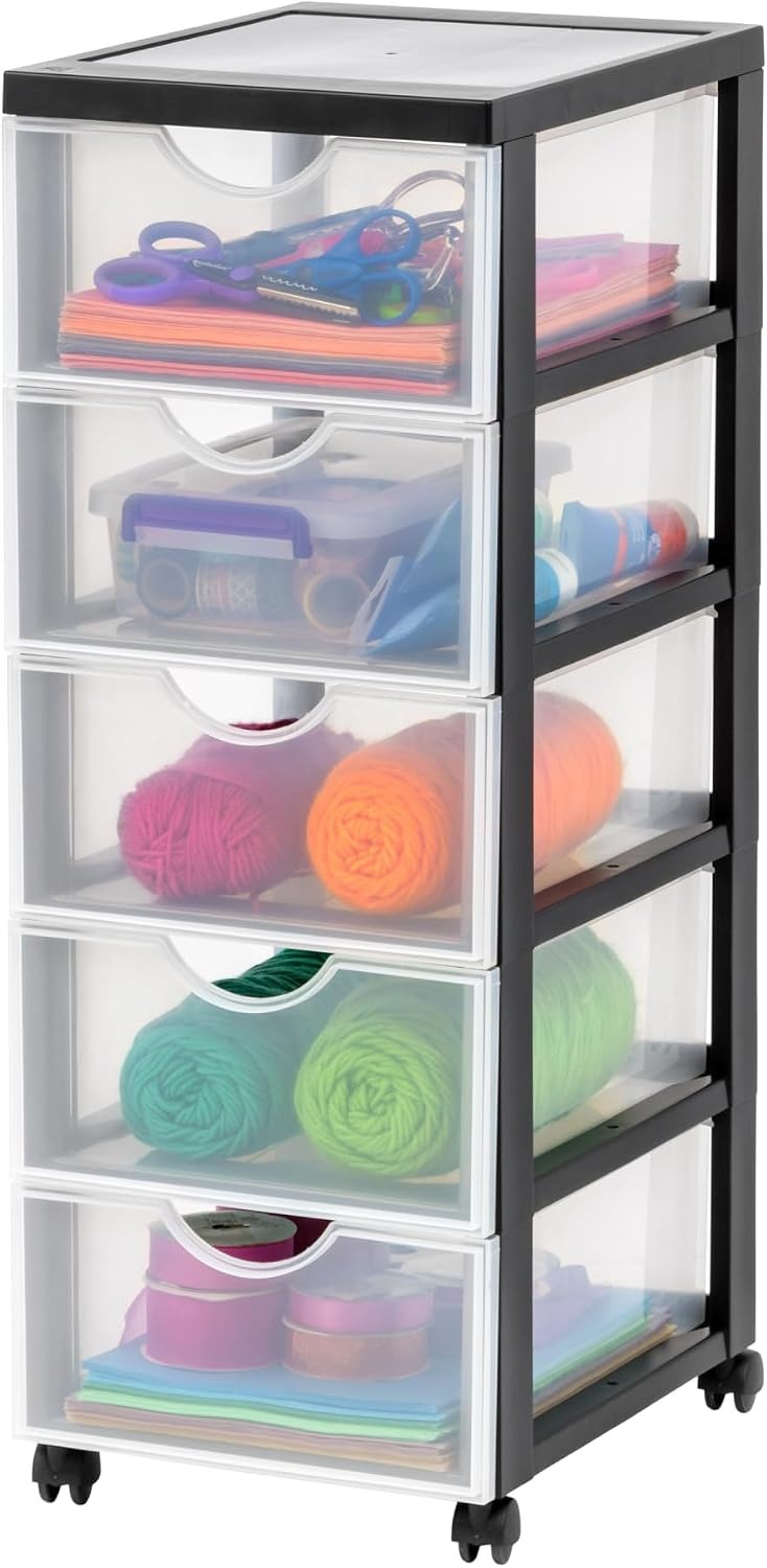 Iris Ohyama, Toren, Ladekast, Kunststof opbergorganizer met ergonomisch handvat, 5L, 5 laden, met wielen, BPA-vrij, Kantoor, Slaapkamer, Woonkamer, DDDC-005, zwart