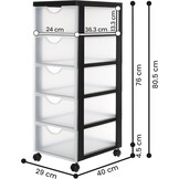 Iris Ohyama, Toren, Ladekast, Kunststof opbergorganizer met ergonomisch handvat, 5L, 5 laden, met wielen, BPA-vrij, Kantoor, Slaapkamer, Woonkamer, DDDC-005, zwart