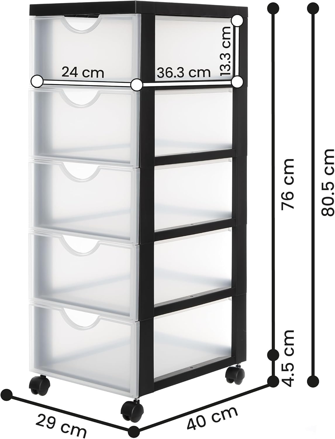 Iris Ohyama, Toren, Ladekast, Kunststof opbergorganizer met ergonomisch handvat, 5L, 5 laden, met wielen, BPA-vrij, Kantoor, Slaapkamer, Woonkamer, DDDC-005, zwart