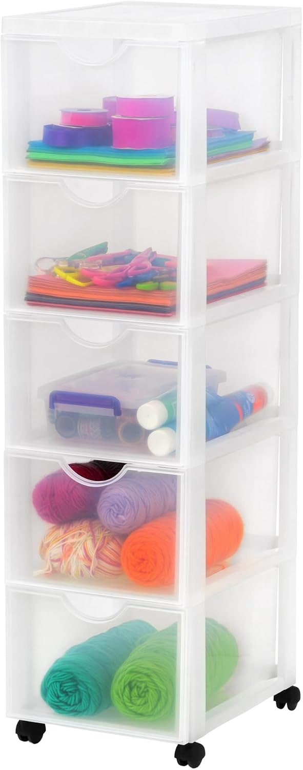 Iris Ohyama, Toren, Ladekast, Kunststof opbergorganizer met ergonomisch handvat, 5L, 5 laden, met wielen, BPA-vrij, Kantoor, Slaapkamer, Woonkamer, DDDC-005, zwart