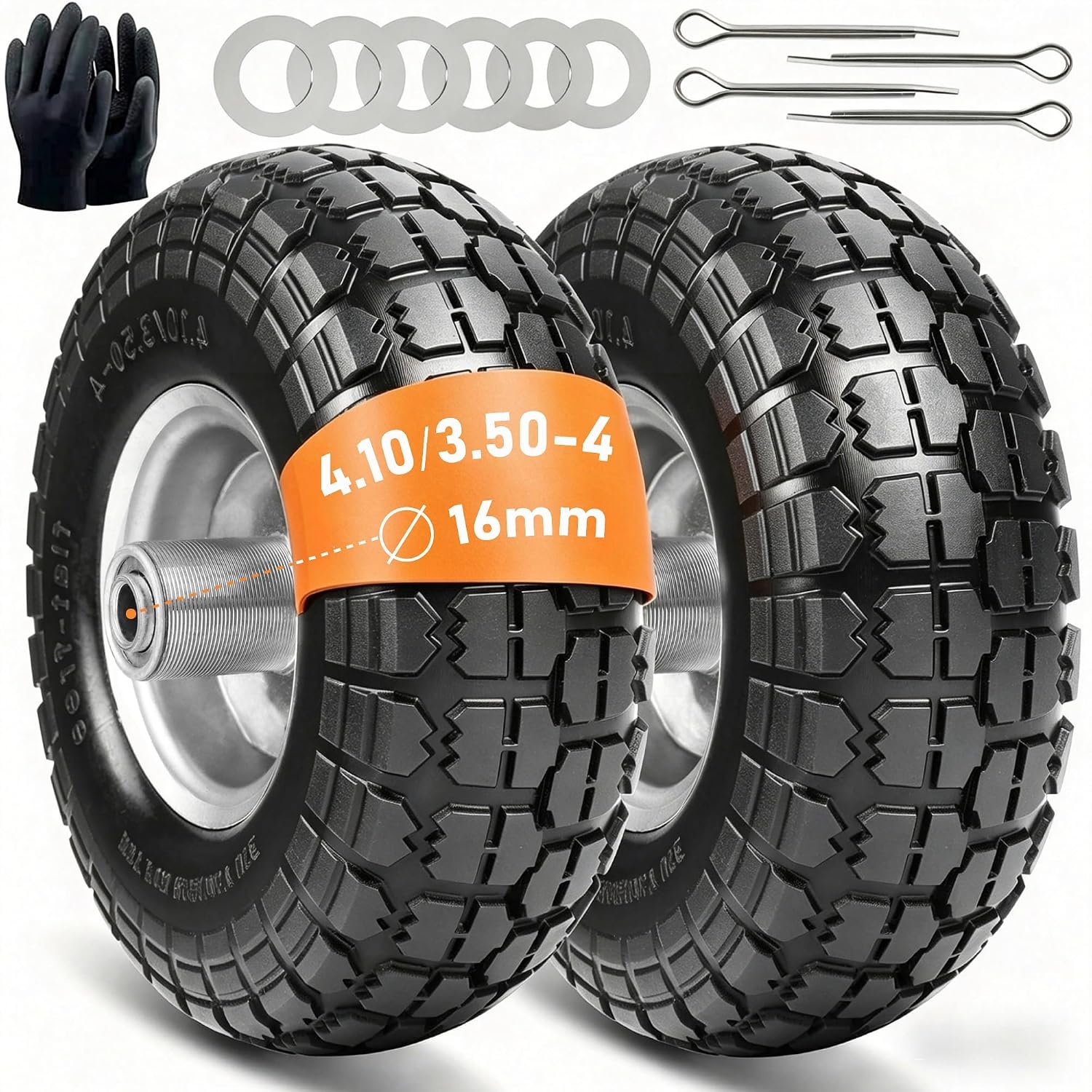 Steekwagenwielen handkarren met massieve rubberen banden - 4,10 massief rubberen banden 3,50-4, reservewielen voor steekwagen 260 x 85 mm, (16 mm wielas 2 stuks)