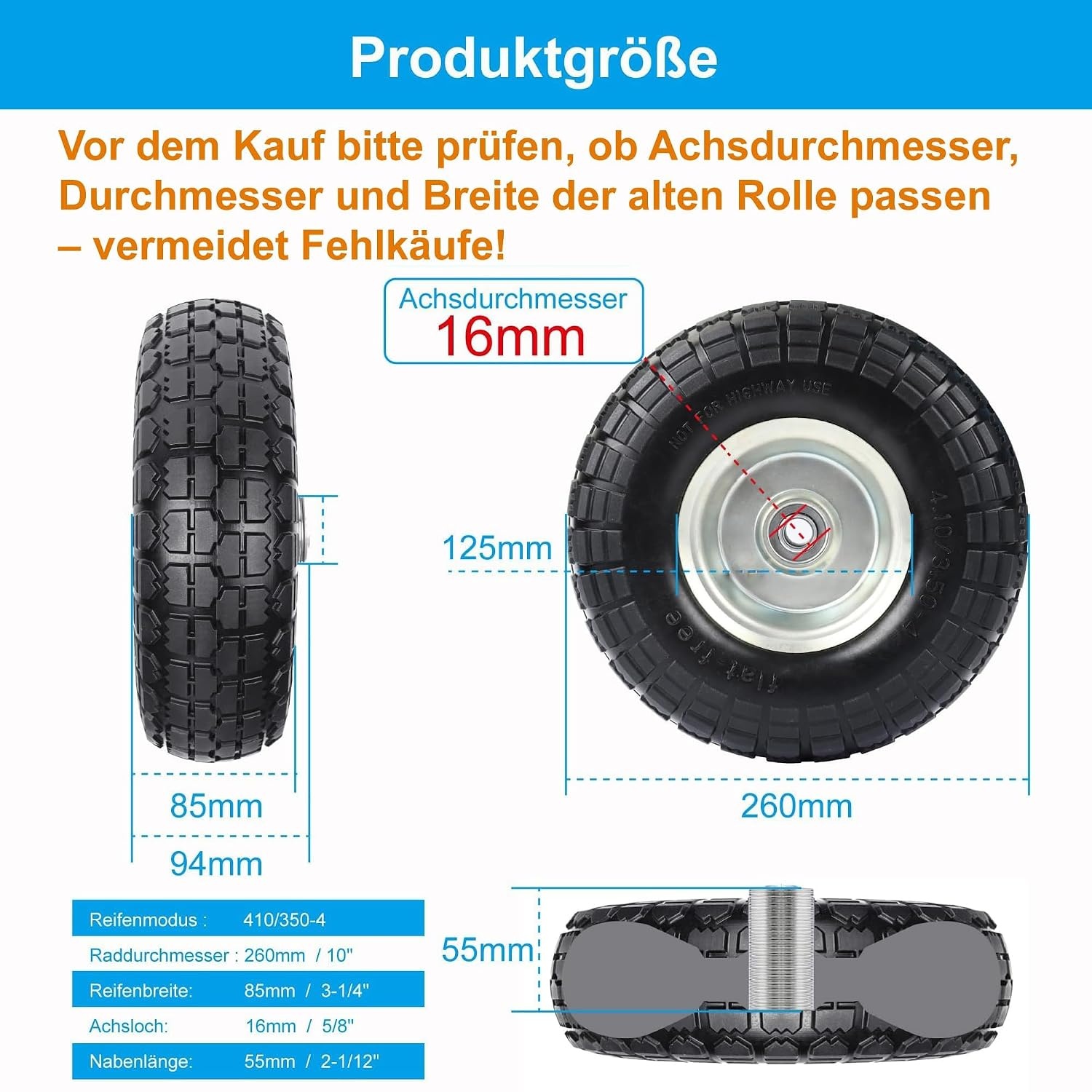 Steekwagenwielen handkarren met massieve rubberen banden - 4,10 massief rubberen banden 3,50-4, reservewielen voor steekwagen 260 x 85 mm, (16 mm wielas 2 stuks)