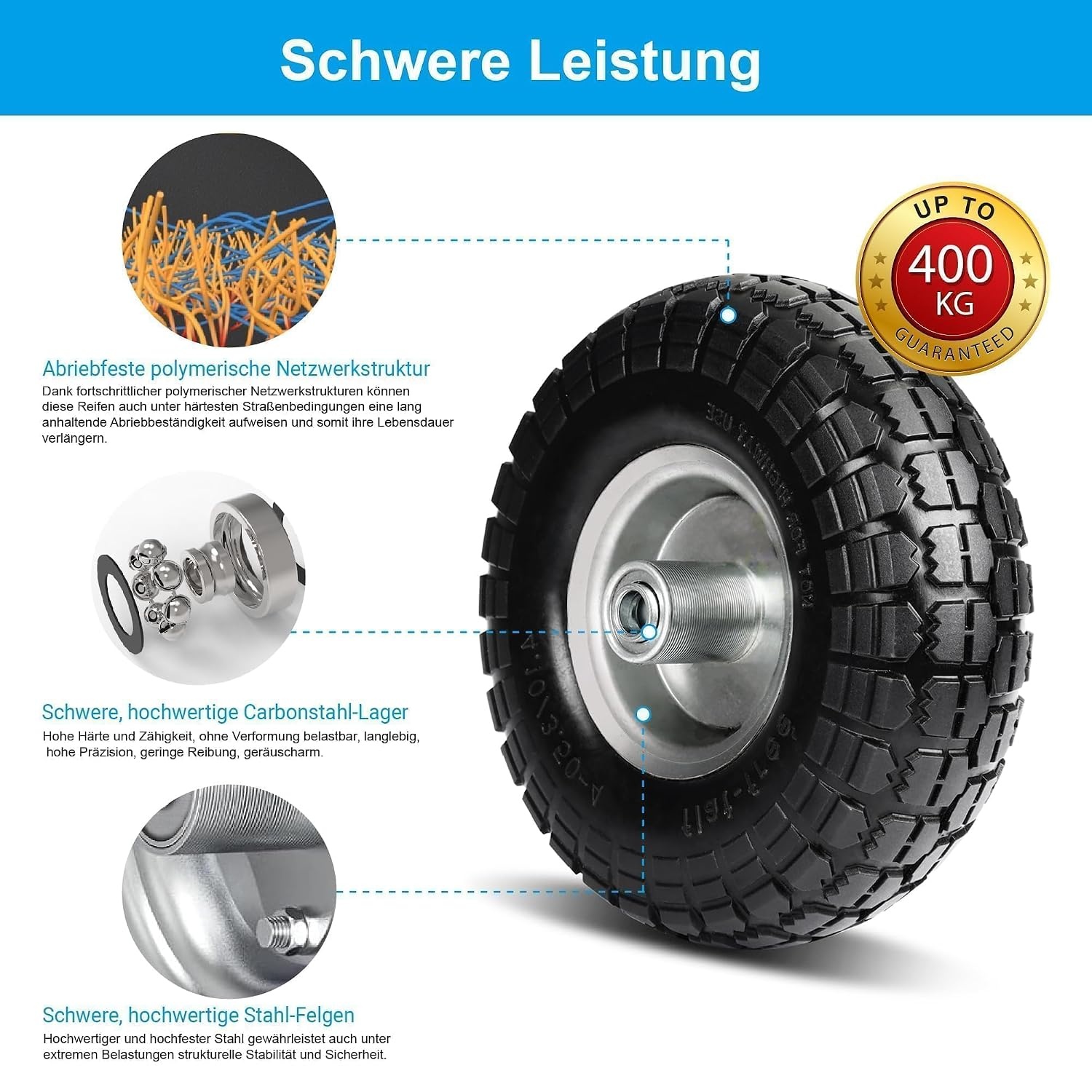 Steekwagenwielen handkarren met massieve rubberen banden - 4,10 massief rubberen banden 3,50-4, reservewielen voor steekwagen 260 x 85 mm, (16 mm wielas 2 stuks)