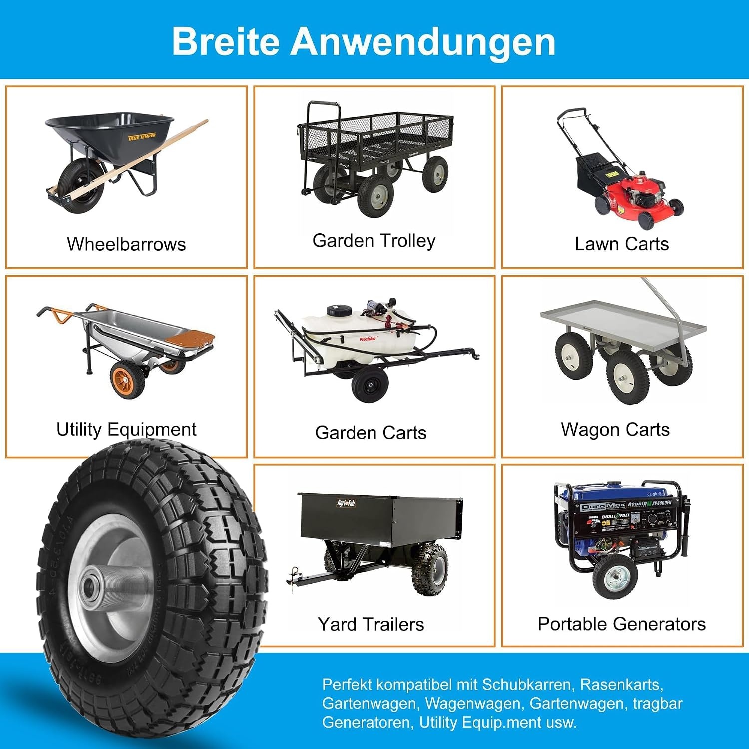 Steekwagenwielen handkarren met massieve rubberen banden - 4,10 massief rubberen banden 3,50-4, reservewielen voor steekwagen 260 x 85 mm, (16 mm wielas 2 stuks)