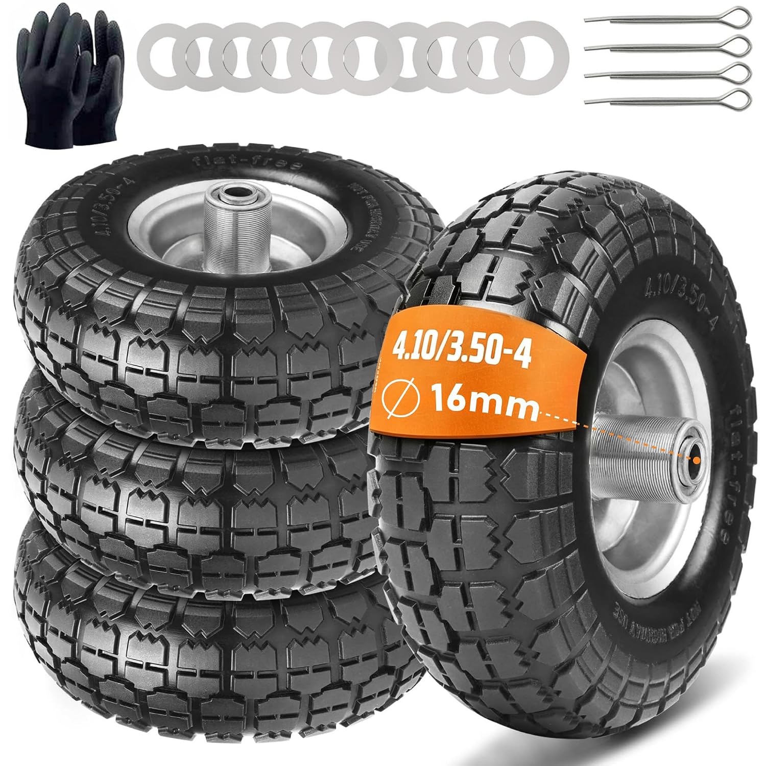 Steekwagenwielen handkarren met massieve rubberen banden - 4,10 massief rubberen banden 3,50-4, reservewielen voor steekwagen 260 x 85 mm, (16 mm wielas 2 stuks)