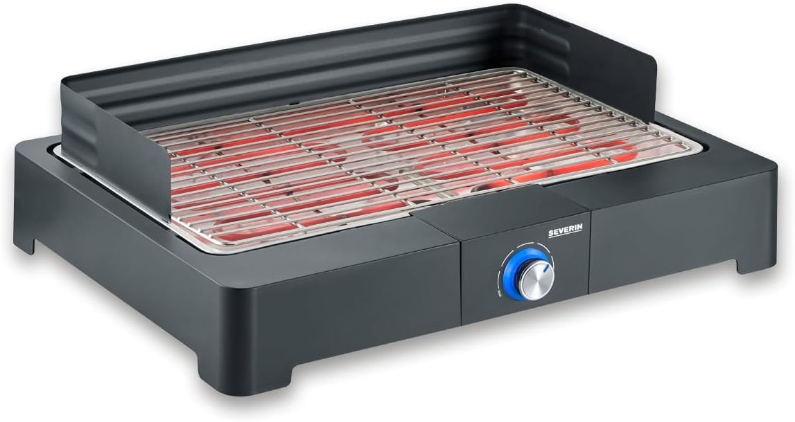SEVERIN tafelgrill met roestvrijstalen grillrooster voor binnen en buiten, elektrische grill met snelle start, balkongrill zonder verbrandingsgevaar, zwart, PG 8565