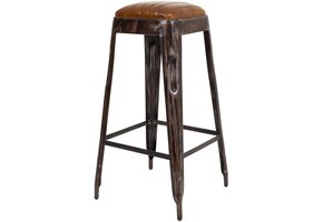 Robuuste Metalen Barkruk met Leren Zitting, Rond, Meerkleurig - 75% Korting