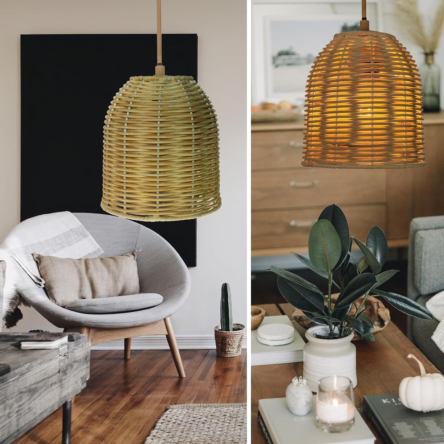 Vintage Rotan Lampenkap, Set van 3, Tafellampenkap voor Woonkamer Slaapkamer Eetkamer Keuken Badkamer Buiten