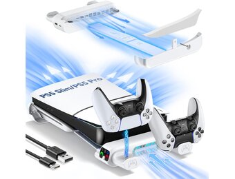 PS5 horizontale houder voor PS5 Slim Disc en Digital, koelhouder met dubbele PS5-controller, verbeterde PS5-ondersteuning voor PS5 Slim 2023 console (niet compatibel met PS5 2020)