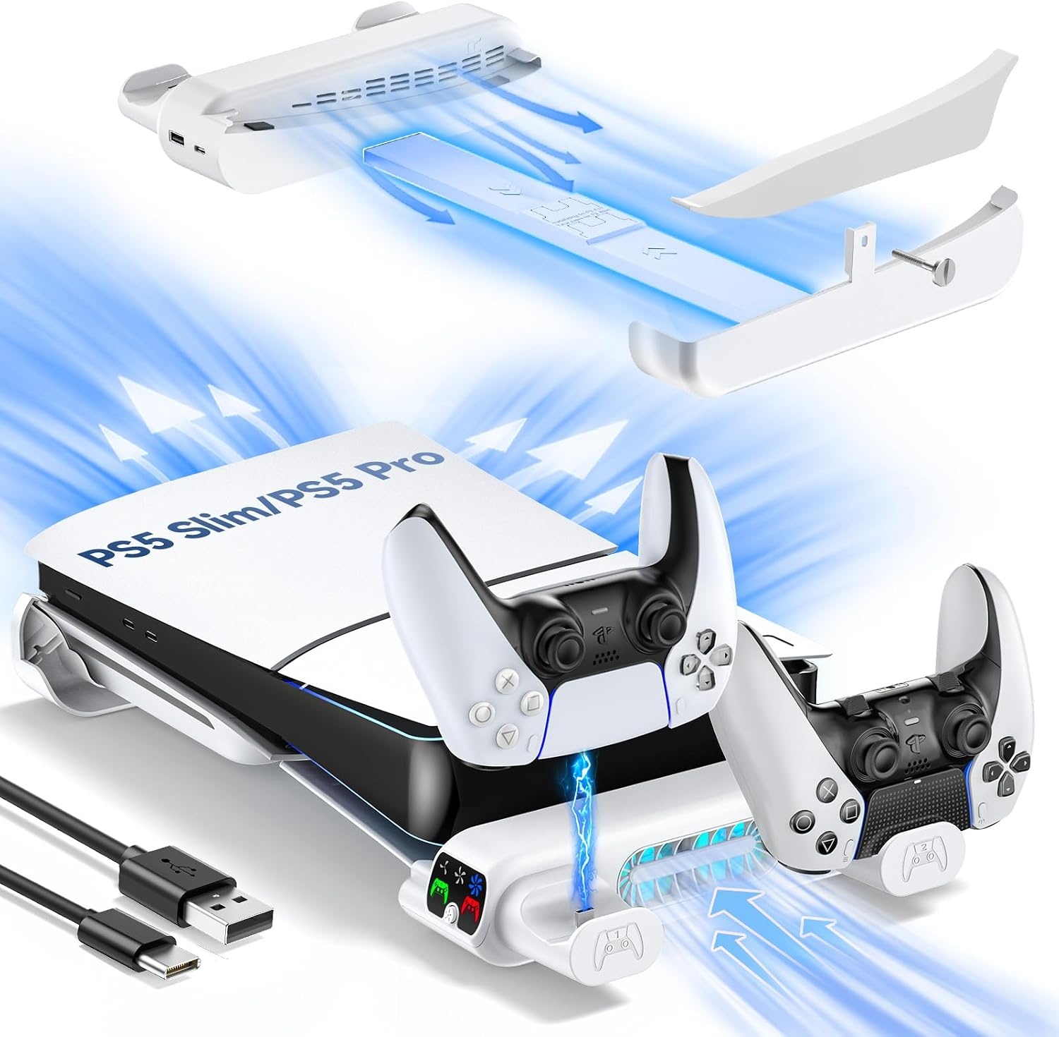 PS5 horizontale houder voor PS5 Slim Disc en Digital, koelhouder met dubbele PS5-controller, verbeterde PS5-ondersteuning voor PS5 Slim 2023 console (niet compatibel met PS5 2020)