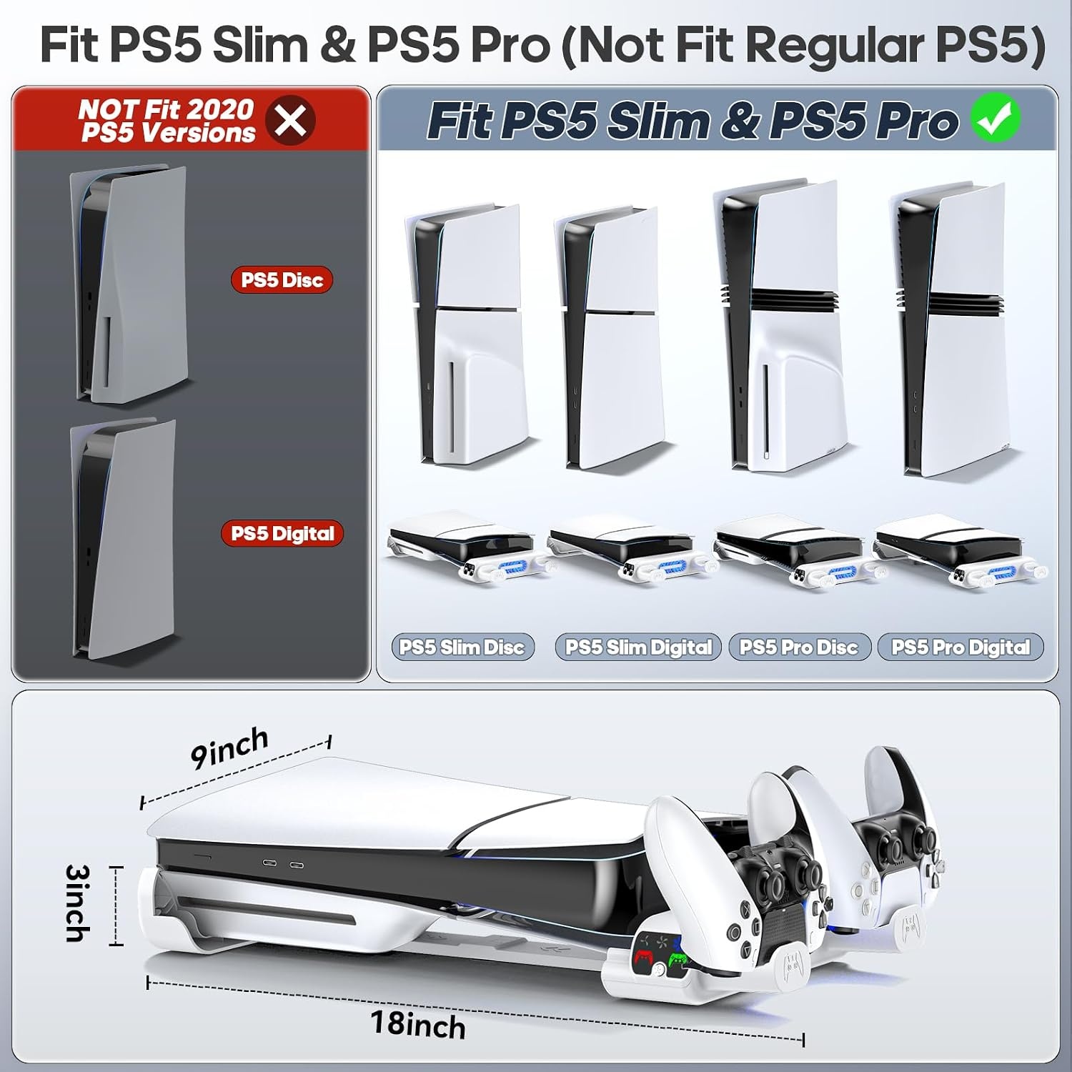 PS5 horizontale houder voor PS5 Slim Disc en Digital, koelhouder met dubbele PS5-controller, verbeterde PS5-ondersteuning voor PS5 Slim 2023 console (niet compatibel met PS5 2020)