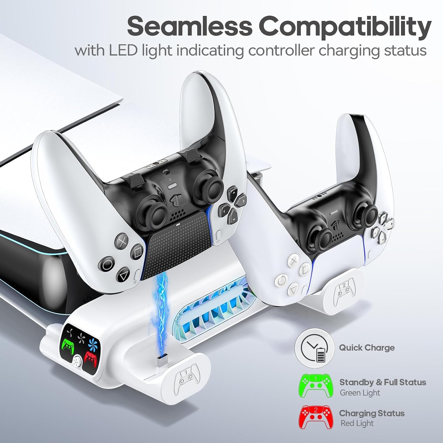 PS5 horizontale houder voor PS5 Slim Disc en Digital, koelhouder met dubbele PS5-controller, verbeterde PS5-ondersteuning voor PS5 Slim 2023 console (niet compatibel met PS5 2020)