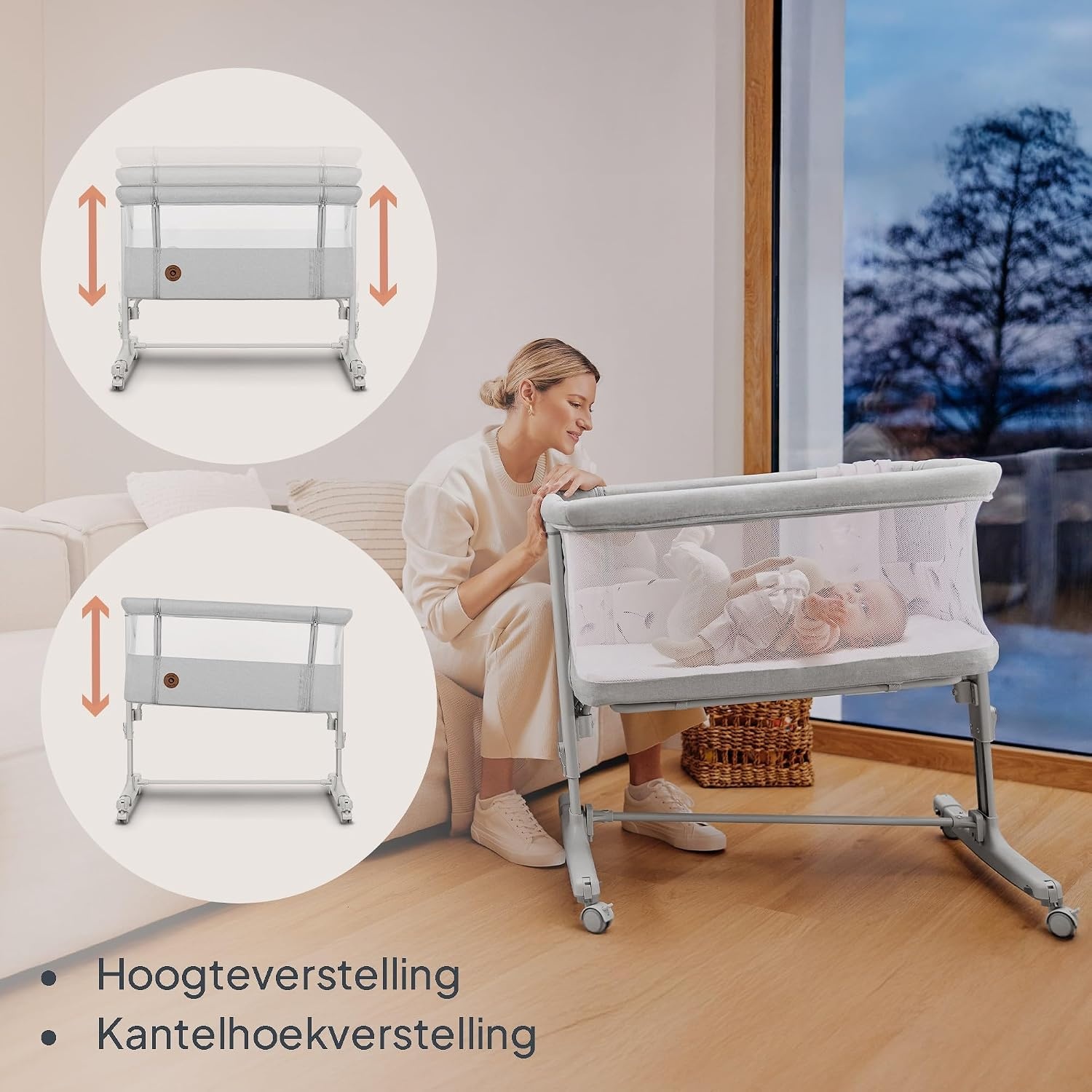 LIONELO Aurora 3-in-1 Baby Co-Sleeper, Hoogteverstelling & Hellingsfunctie