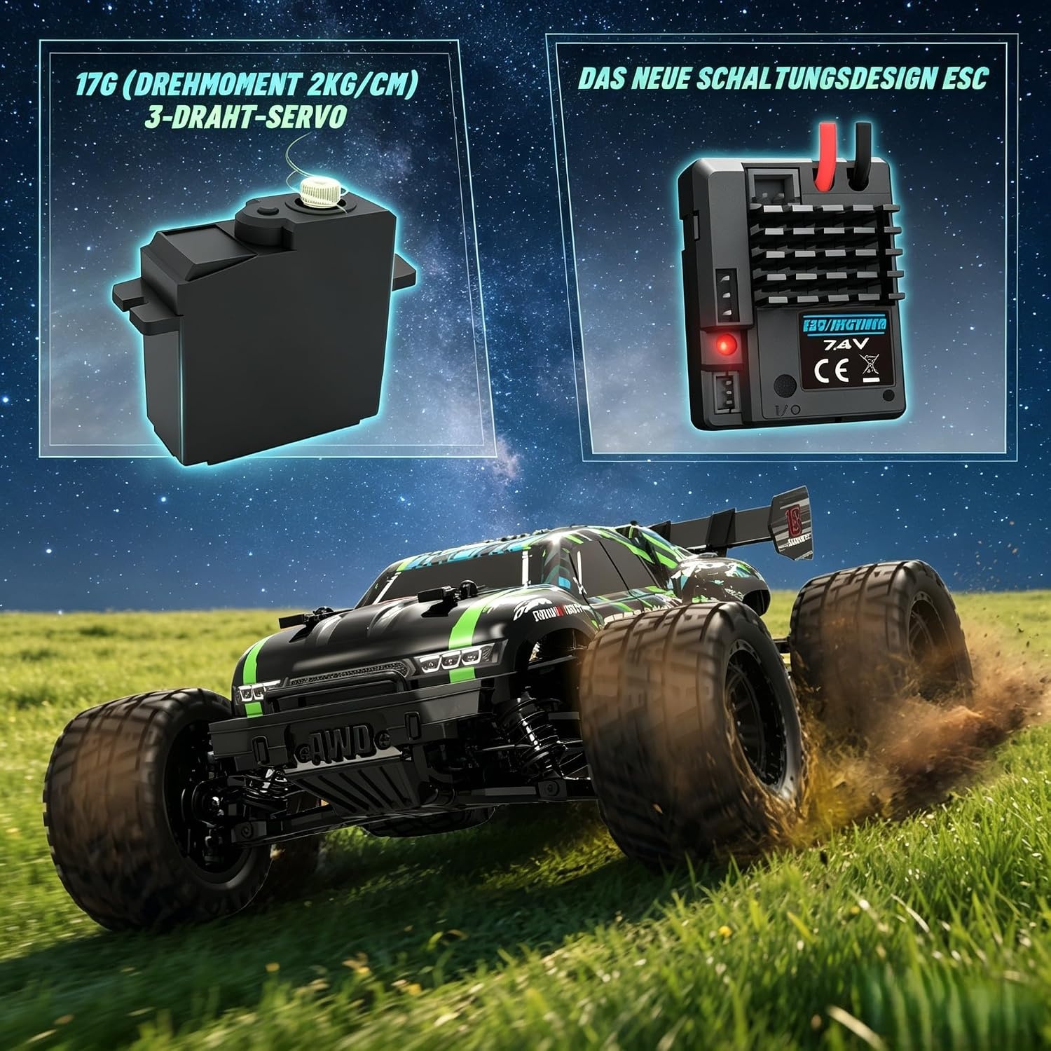 HAIBOXING Op afstand bestuurde auto 18858E, 1/18, nieuw model 4WD 36+ km/u, hobby, offroad, monstertruck met 2 batterijen, waterdicht, RC Truggy RTR, terreinspeelgoed, 35 minuten looptijd