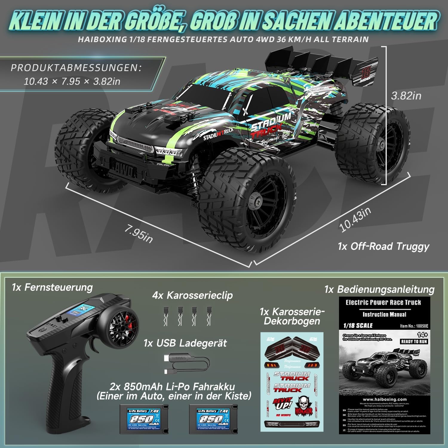 HAIBOXING Op afstand bestuurde auto 18858E, 1/18, nieuw model 4WD 36+ km/u, hobby, offroad, monstertruck met 2 batterijen, waterdicht, RC Truggy RTR, terreinspeelgoed, 35 minuten looptijd