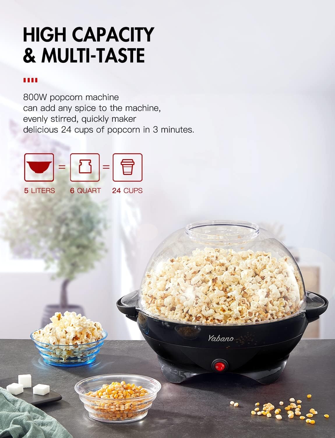 Yabano Popcornmachine voor thuis, maker met suiker en olie, afneembaar verwarmingsoppervlak, popcornpopper, anti-aanbaklaag, groot deksel als serveerschaal, ruimtebesparende opslag