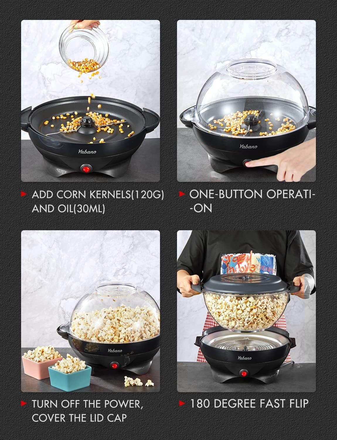 Yabano Popcornmachine voor thuis, maker met suiker en olie, afneembaar verwarmingsoppervlak, popcornpopper, anti-aanbaklaag, groot deksel als serveerschaal, ruimtebesparende opslag