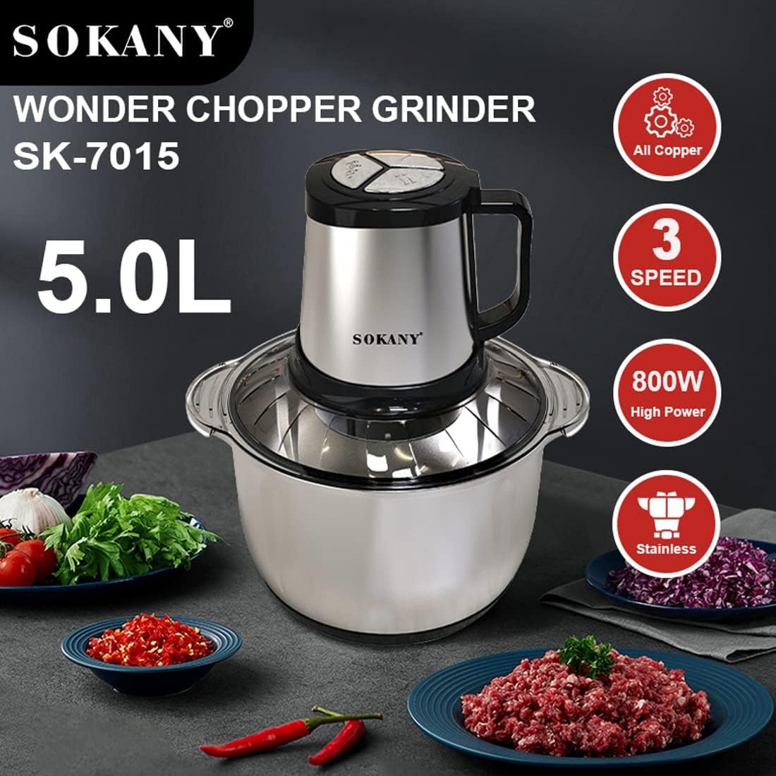 SOKANY 800 W Elektrische hakmolen met 5 l roestvrijstalen kom, multifunctionele hakmolen met 3 snelheden, vleesmolen met 4 messen voor vlees, uien, fruit en groenten - Maat SK-7015, 800W, 5L