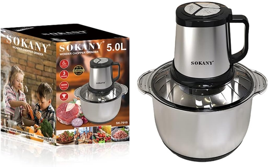 SOKANY 800 W Elektrische hakmolen met 5 l roestvrijstalen kom, multifunctionele hakmolen met 3 snelheden, vleesmolen met 4 messen voor vlees, uien, fruit en groenten - Maat SK-7015, 800W, 5L