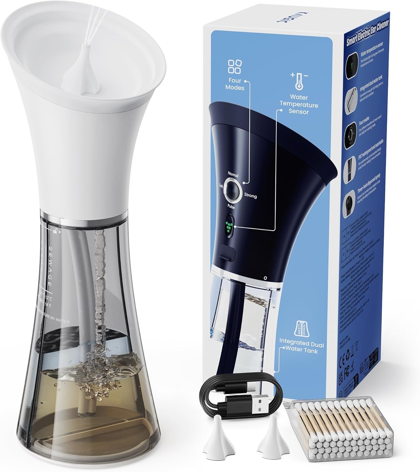 KAUGIC Elektrische Oorreiniger met Dubbel Reservoir - 4 Drukstanden - IPX7 Waterdicht - Transparant Grijs