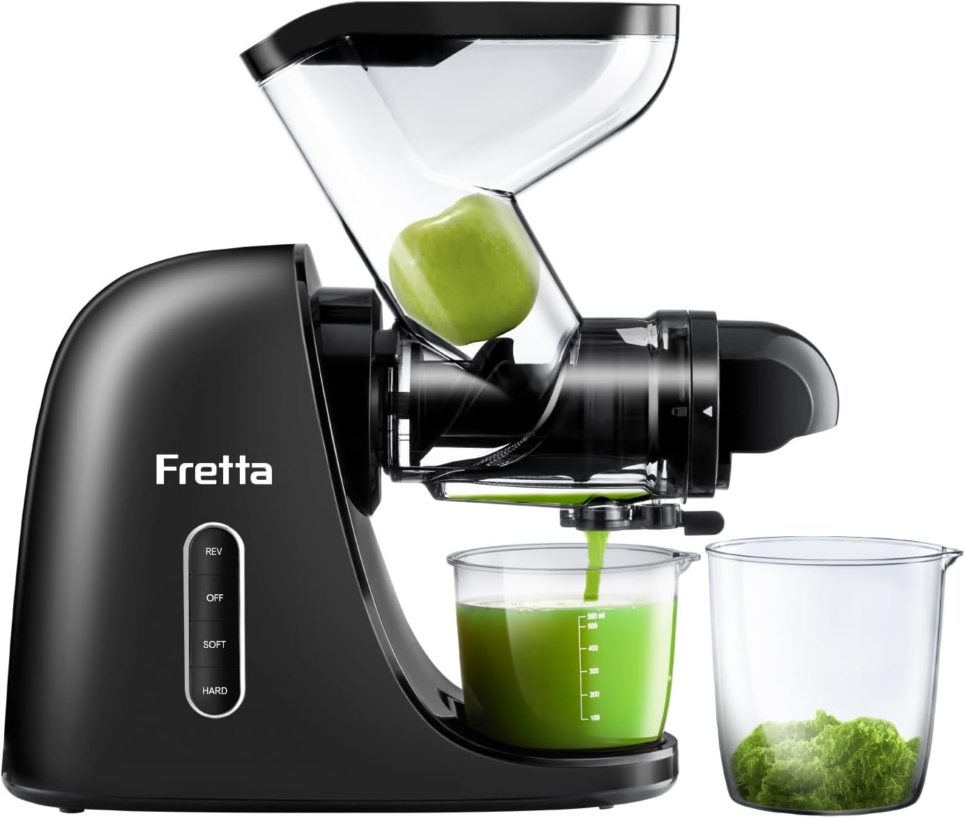 Fretta Masticating Juicer Slow Juicer Sapcentrifuge, groente en fruit, 200 W, fruitpers, elektrische sappers, selderij, sapmaker, machine, koude pers, fruitpers, 76 mm, BPA-vrij (Zwart)