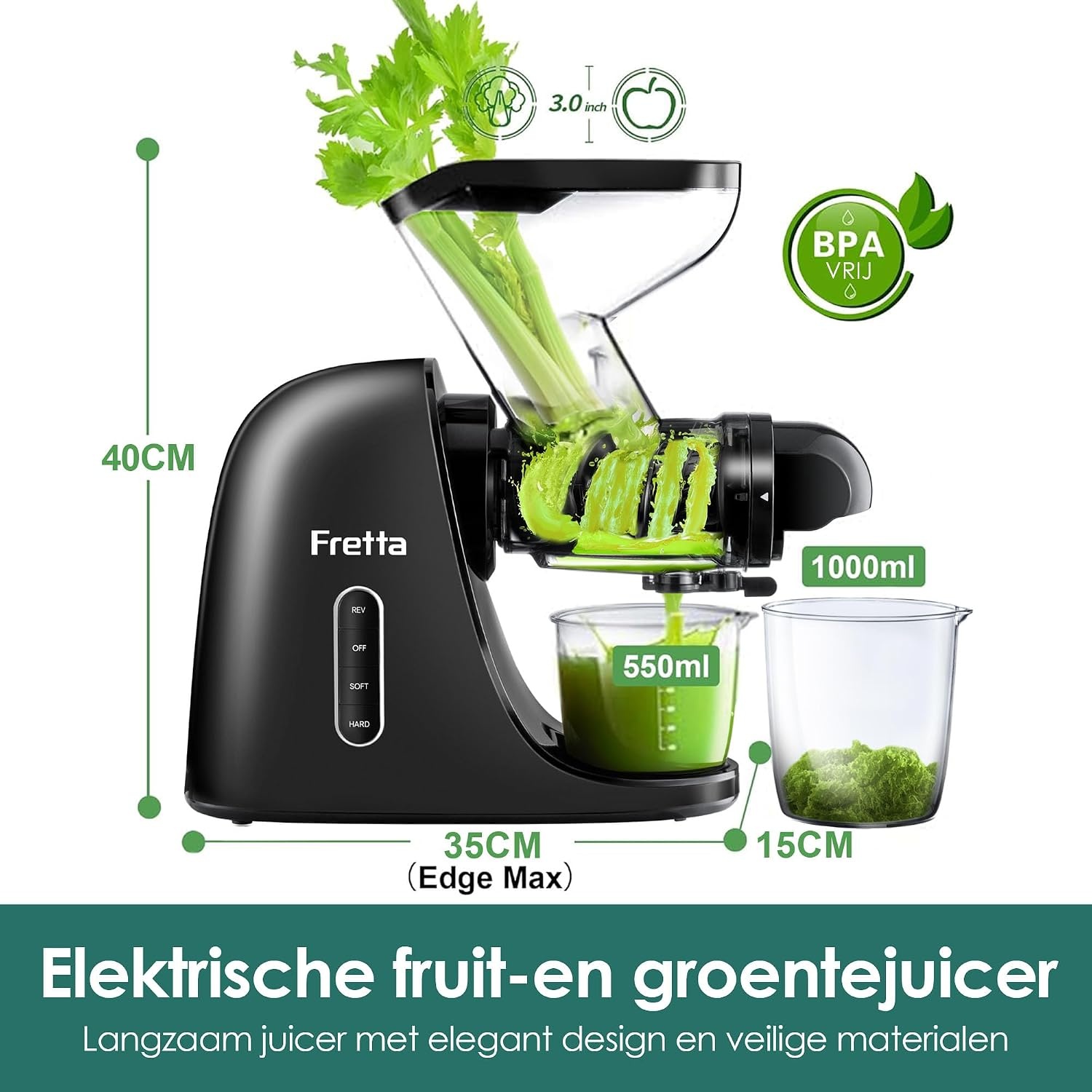 Fretta Masticating Juicer Slow Juicer Sapcentrifuge, groente en fruit, 200 W, fruitpers, elektrische sappers, selderij, sapmaker, machine, koude pers, fruitpers, 76 mm, BPA-vrij (Zwart)