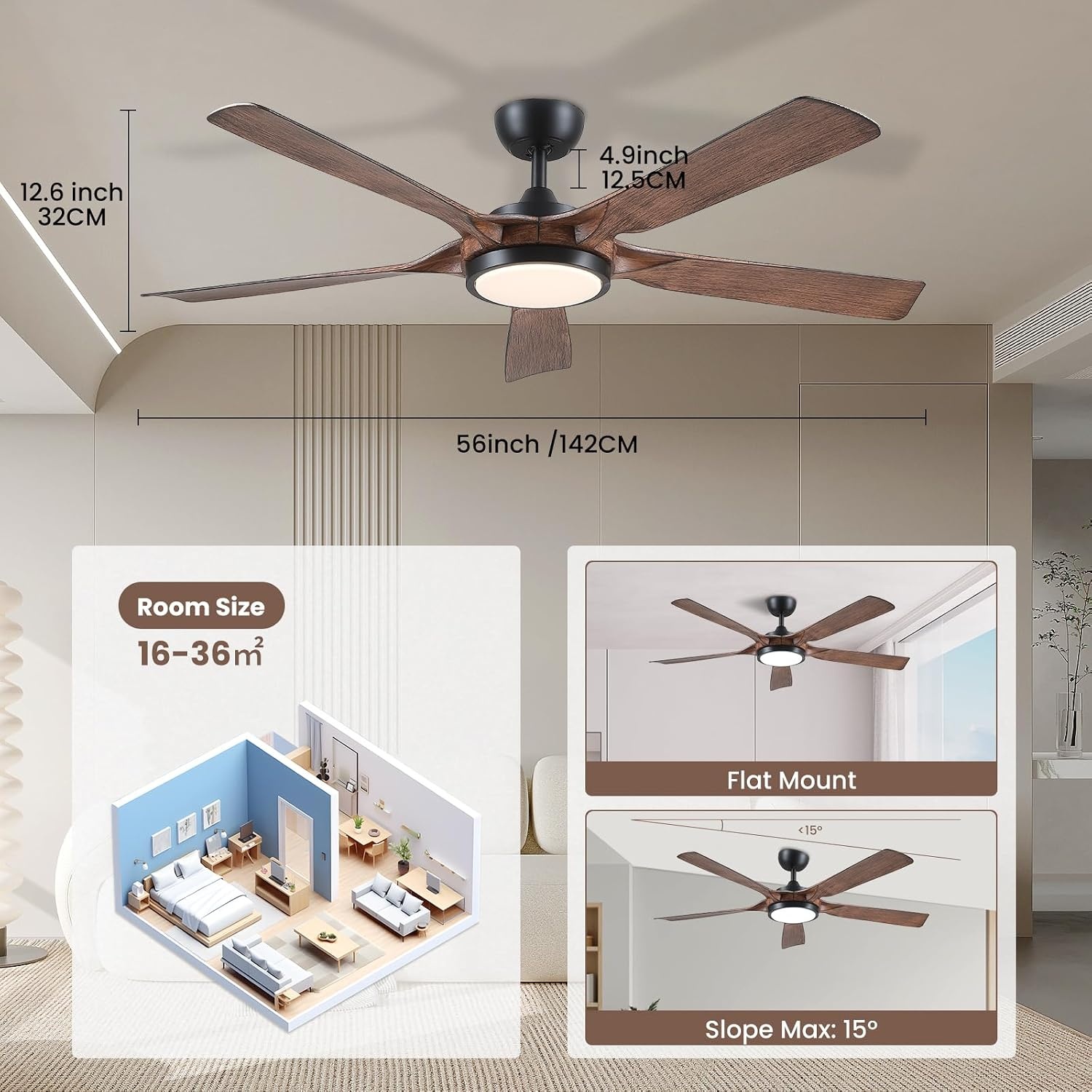 Newday Plafondventilatoren Houten Zwart,142CM Plafondventilator met verlichting en afstandsbediening Rustig, Plafondventilator groot met licht dimbaar, Ventilator Lamp Plafond