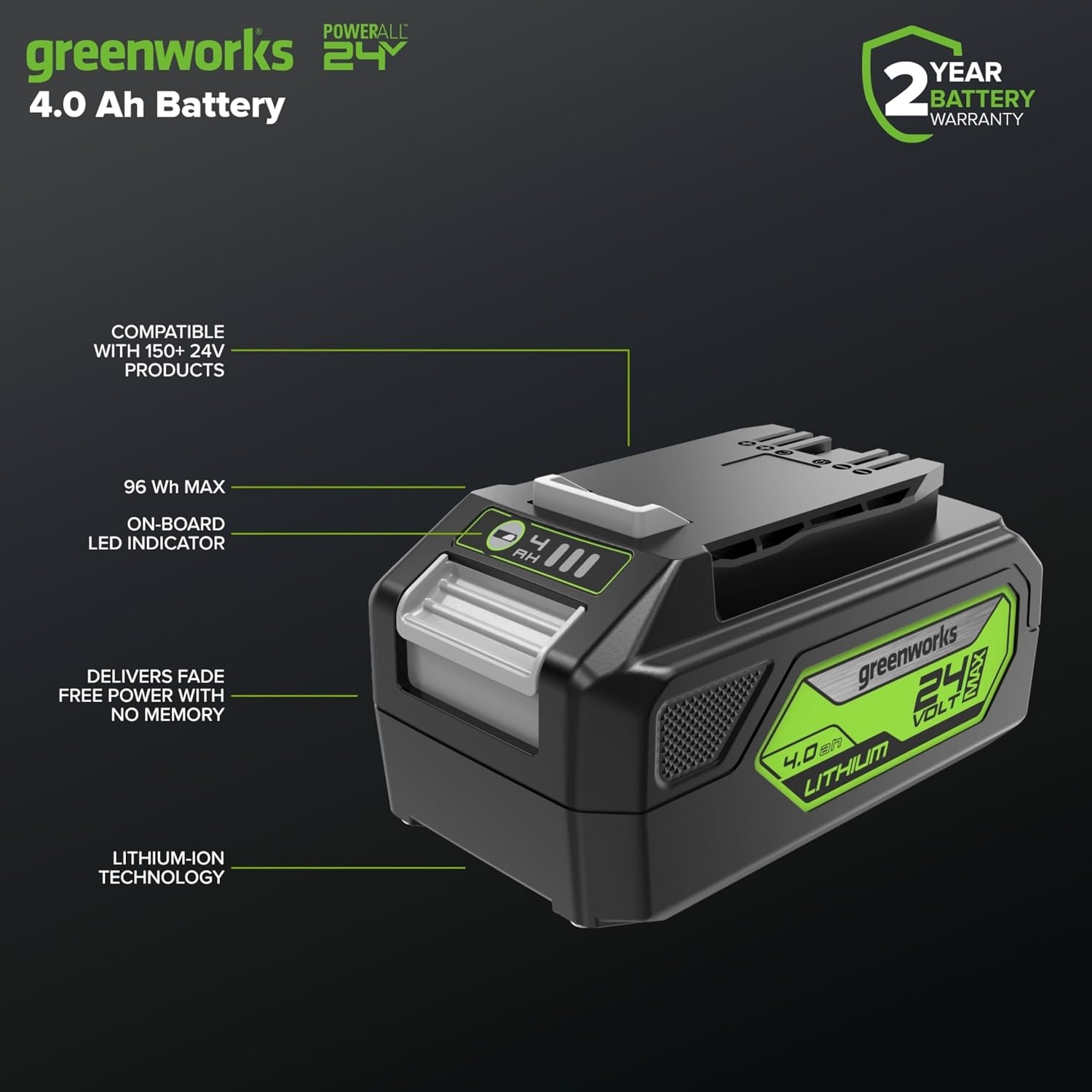 Greenworks 24V Accu 4Ah - Lithium-Ion Batterij voor alle 24V Tuingereedschap