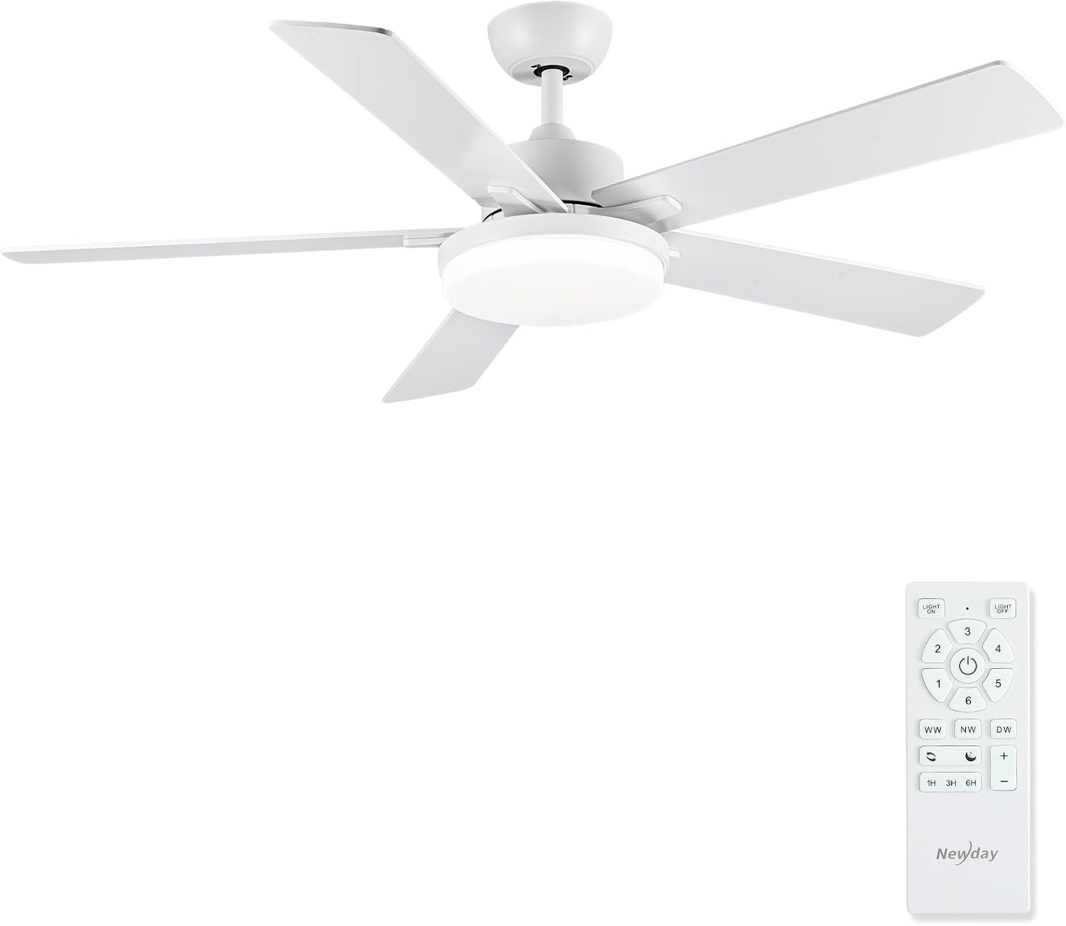 Newday 132cm Witte Plafondventilator met 5 Blades, Rustige Plafondventilator met Licht en Afstandsbediening voor Slaapkamer, Omkeerbare Plafondventilator met Lamp Dimbaar
