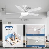 Newday 132cm Witte Plafondventilator met 5 Blades, Rustige Plafondventilator met Licht en Afstandsbediening voor Slaapkamer, Omkeerbare Plafondventilator met Lamp Dimbaar