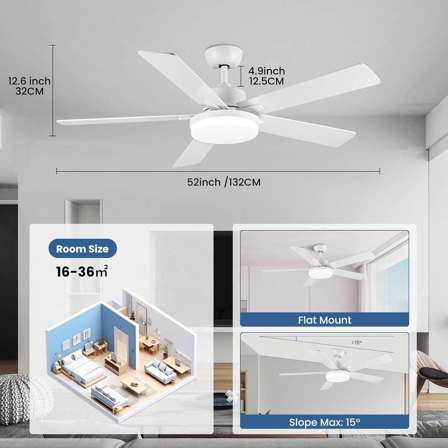 Newday 132cm Witte Plafondventilator met 5 Blades, Rustige Plafondventilator met Licht en Afstandsbediening voor Slaapkamer, Omkeerbare Plafondventilator met Lamp Dimbaar