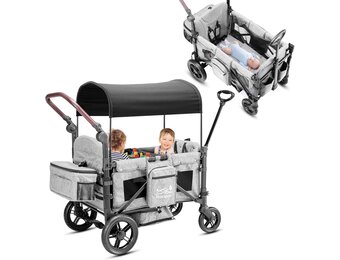 Opvouwbare bolderkar met dak, premium bolderkar voor 2 kinderen, dubbele kinderwagen, handwagen met dak, snackdienblad, 5-punts riem, voor terreingebruik PU-wielen, transportwagen, trekken en duwen