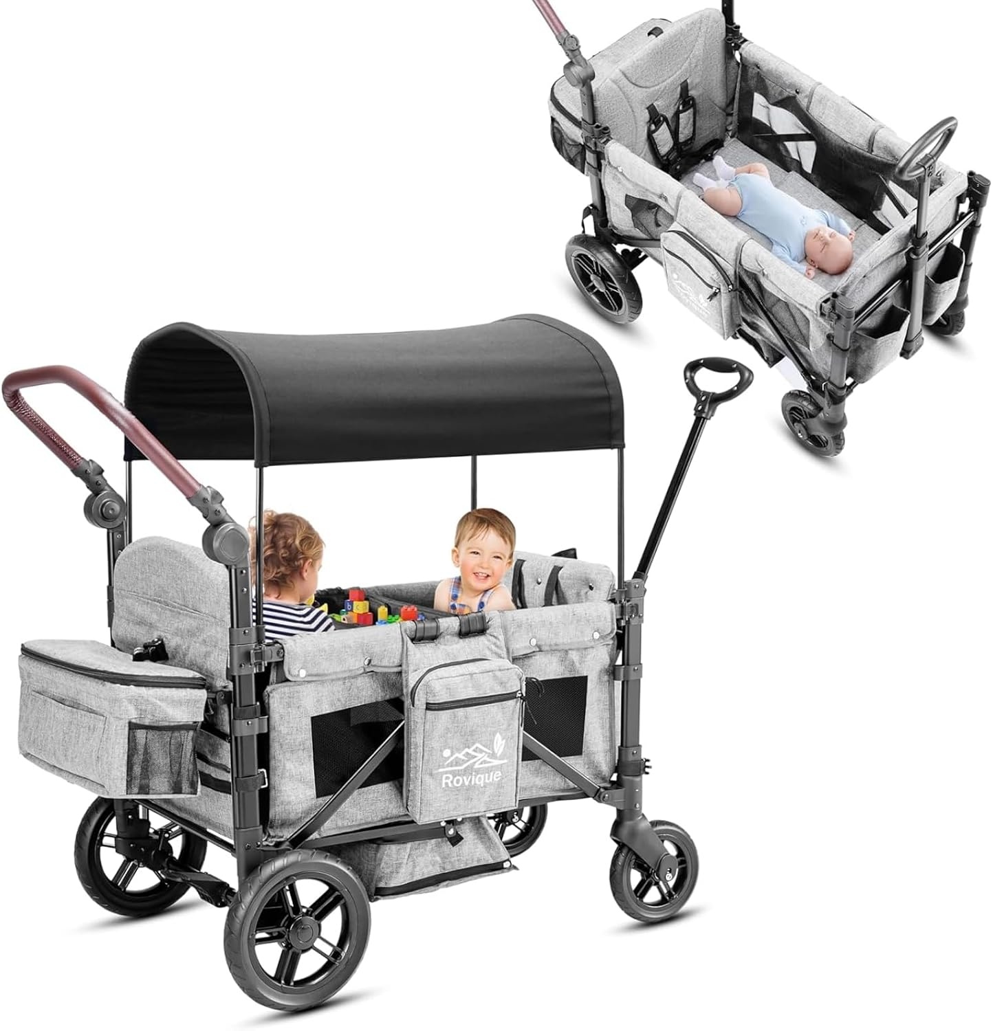 Opvouwbare bolderkar met dak, premium bolderkar voor 2 kinderen, dubbele kinderwagen, handwagen met dak, snackdienblad, 5-punts riem, voor terreingebruik PU-wielen, transportwagen, trekken en duwen