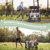 Opvouwbare bolderkar met dak, premium bolderkar voor 2 kinderen, dubbele kinderwagen, handwagen met dak, snackdienblad, 5-punts riem, voor terreingebruik PU-wielen, transportwagen, trekken en duwen