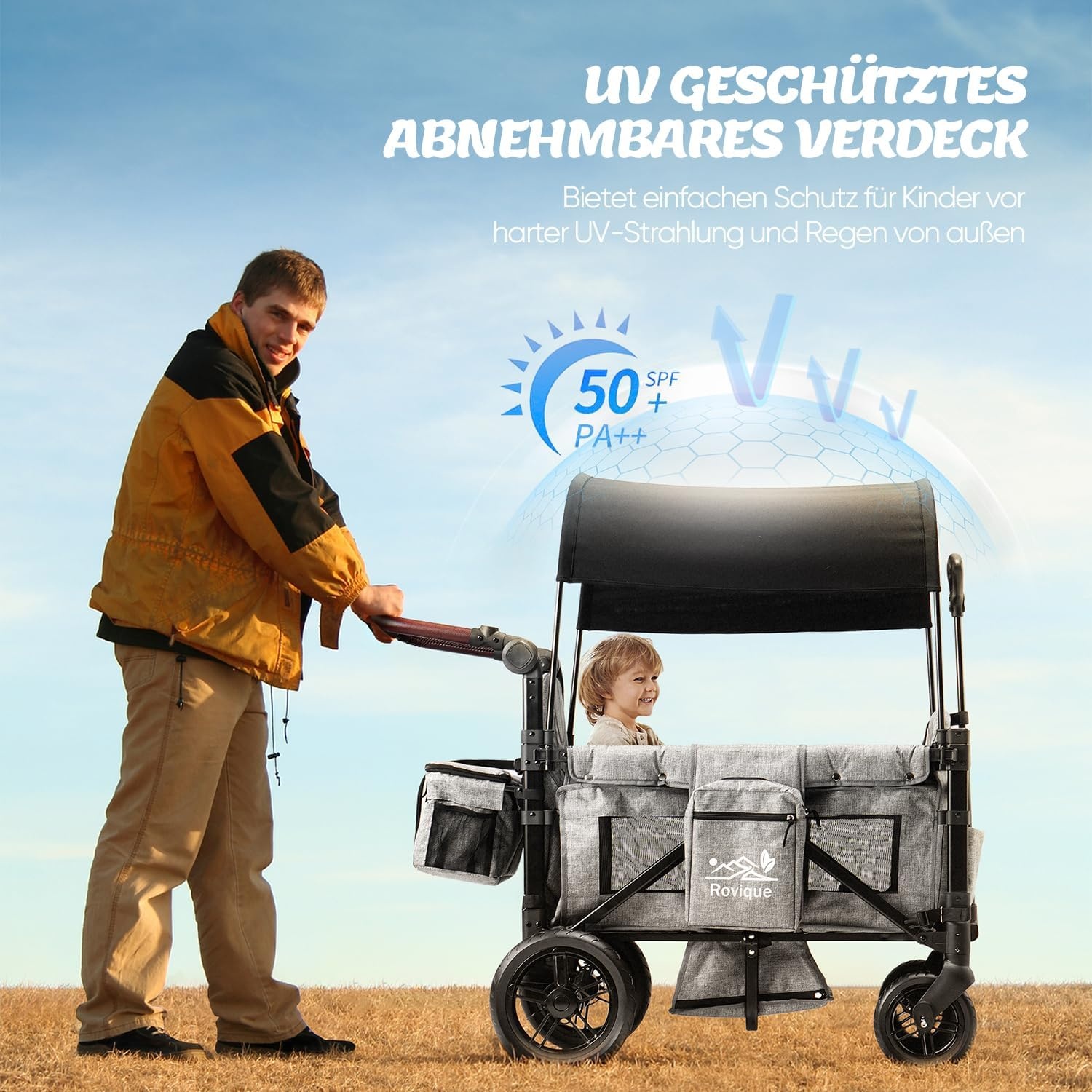 Opvouwbare bolderkar met dak, premium bolderkar voor 2 kinderen, dubbele kinderwagen, handwagen met dak, snackdienblad, 5-punts riem, voor terreingebruik PU-wielen, transportwagen, trekken en duwen
